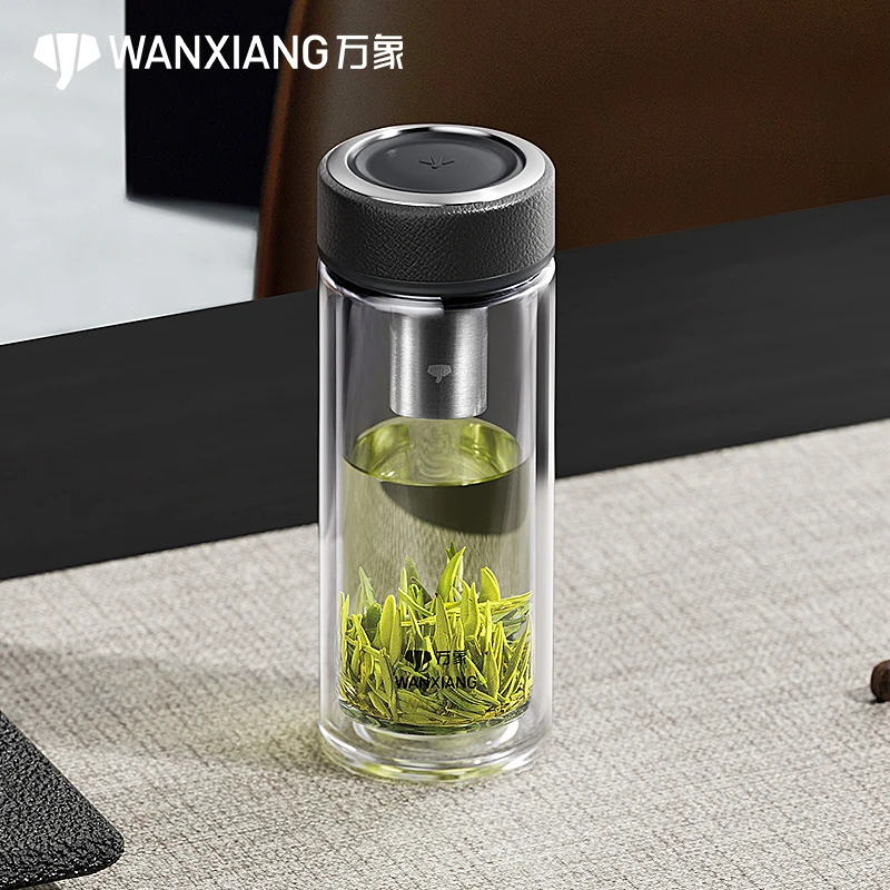 万象双层玻璃杯经典皮纹V20L男士大容量茶杯V21L家用V21RL车载杯