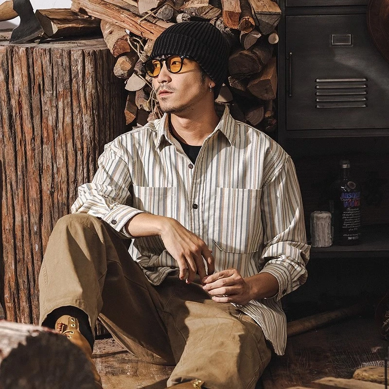 美式复古条纹衬衫男长袖百搭秋冬新款潮牌宽松休闲灯芯绒衬衣外套