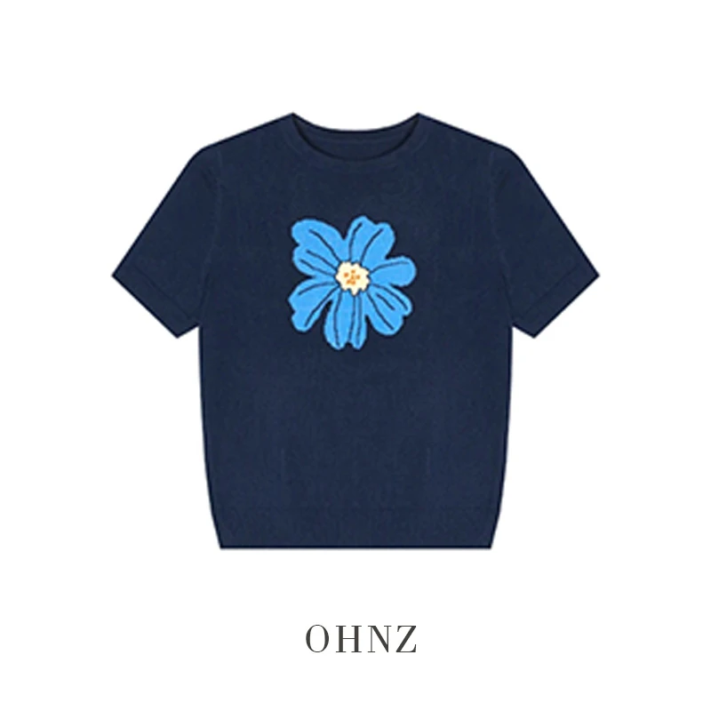 提花图圆领薄款针织短袖上衣夏季百搭显瘦百搭设计感短袖衫T恤女