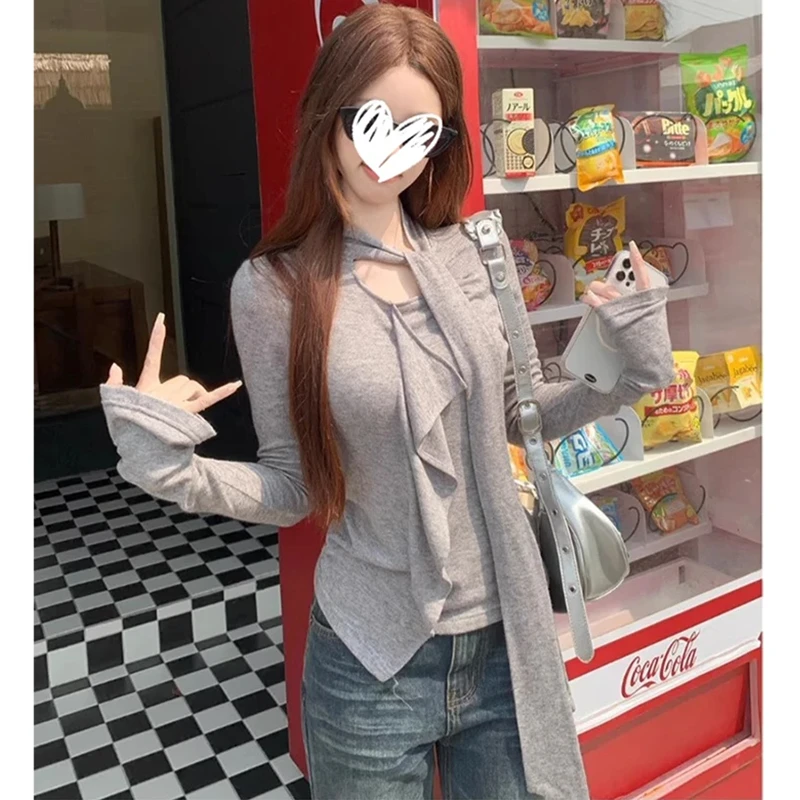 梦优莱痞帅炸街风灰色荷叶边长袖T恤女秋季独特漂亮修身显瘦上衣