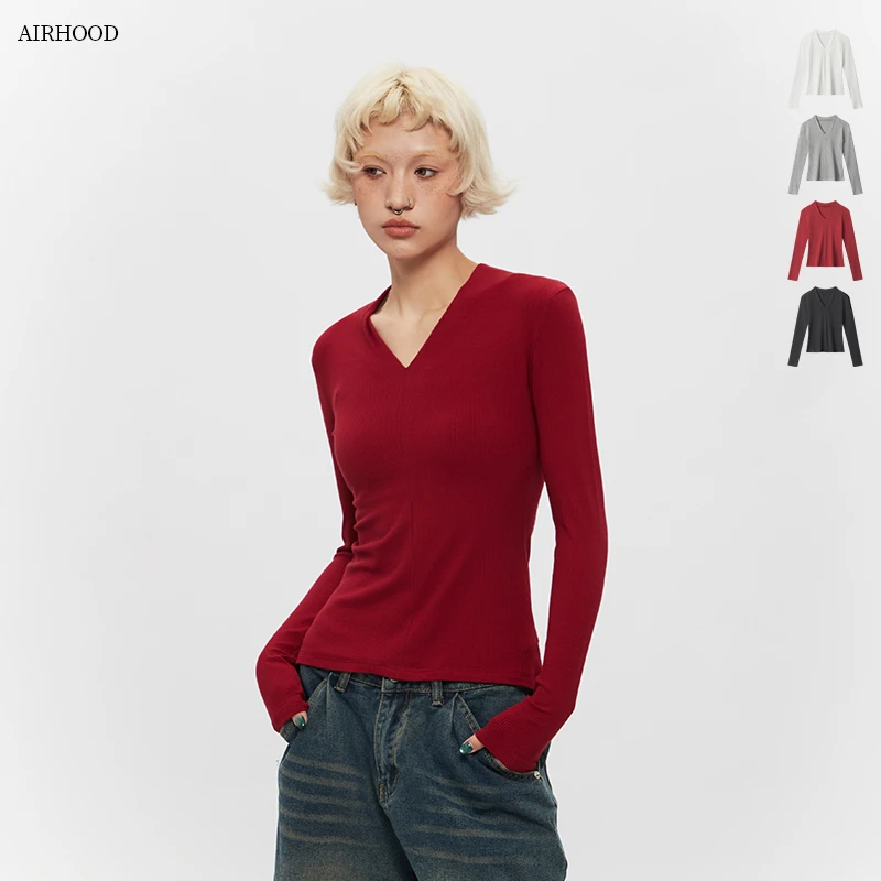 AIRHOOD 修身显身材正肩t恤女长袖早春内搭气质纯色v领上衣C5153
