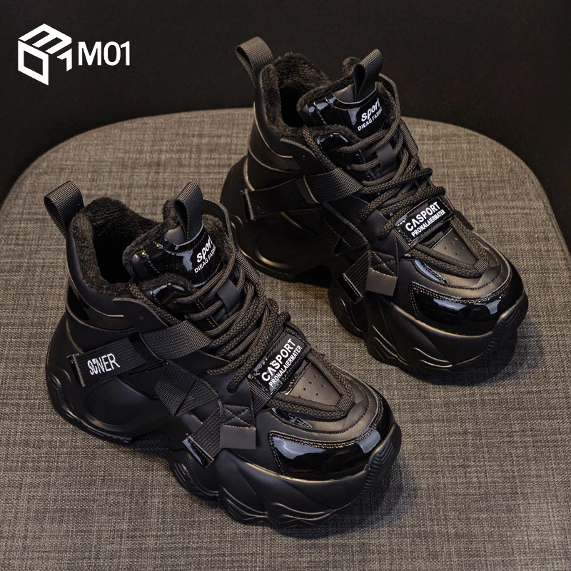 M01厚底内增高老爹鞋女2025秋冬季鞋子女加绒爆款黑色休闲运动鞋