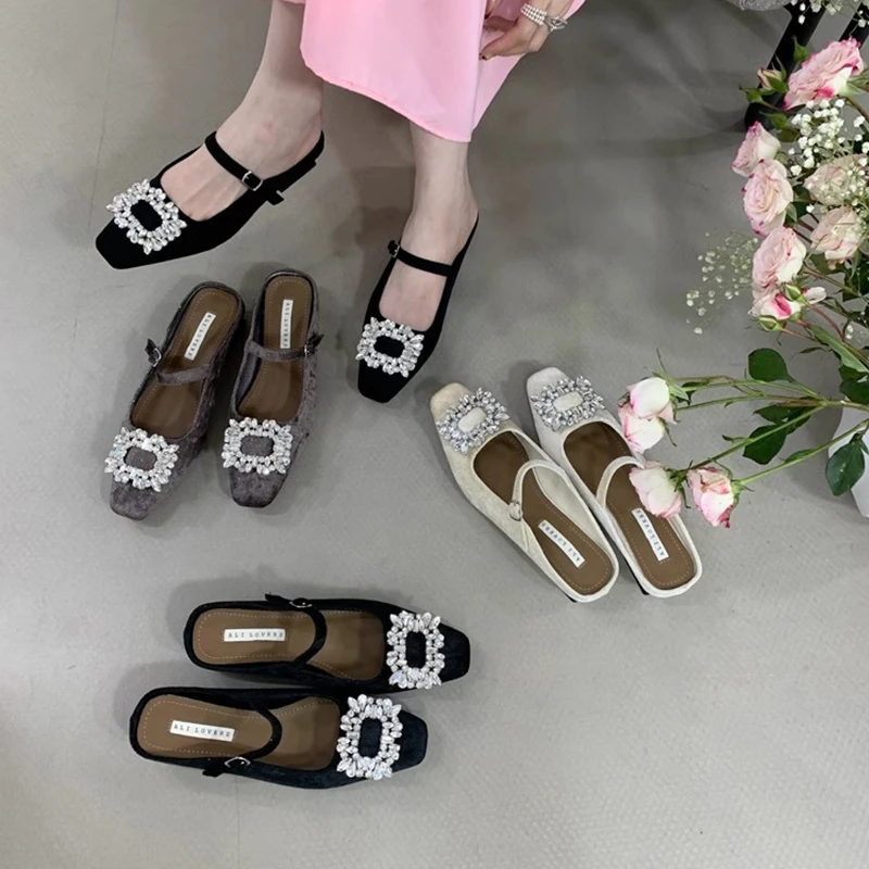 法式气质水钻包头半拖鞋女外穿2025春夏季新款小众休闲平底穆勒鞋