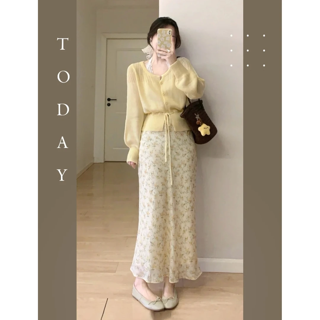 韩系温柔风奶黄色抽绳圆领薄款针织开衫早春穿搭碎花半身裙套装女