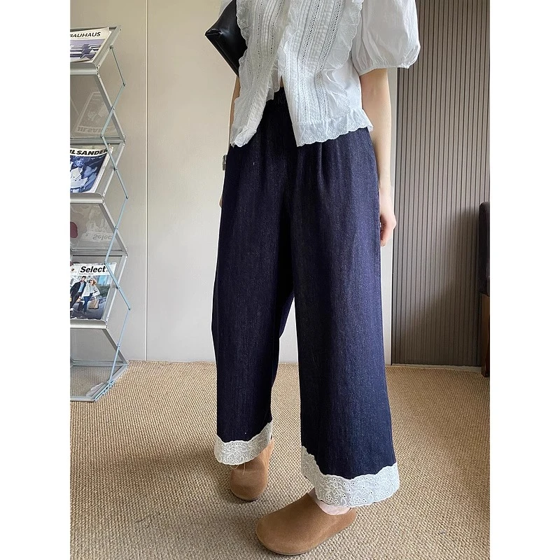 蕾丝拼接松紧阔腿牛仔裤2025夏季新款胖mm百搭高腰宽松九分直筒裤