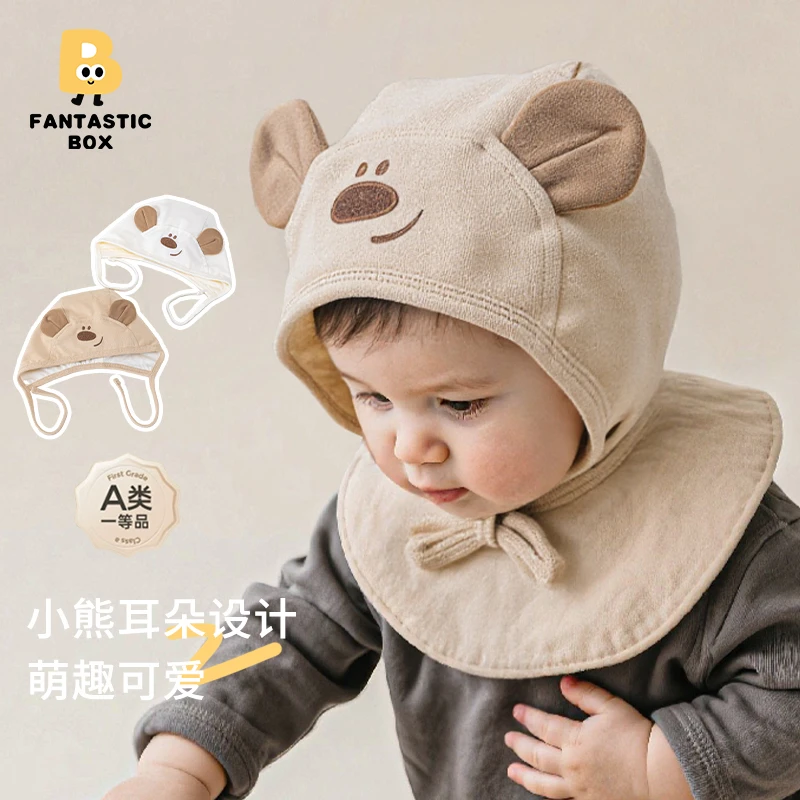番桃盒子婴儿小熊耳朵系带胎帽男女宝宝囟门帽小月龄胎帽新生儿