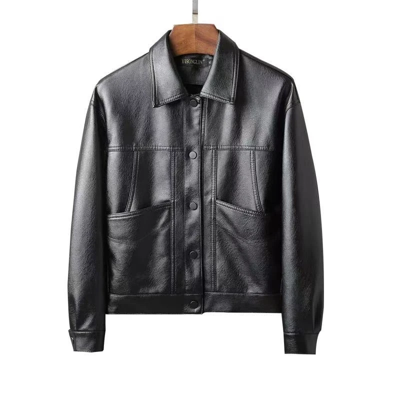 A44女2022秋冬新款短款单排扣韩版方领长袖小个子皮夹克外套