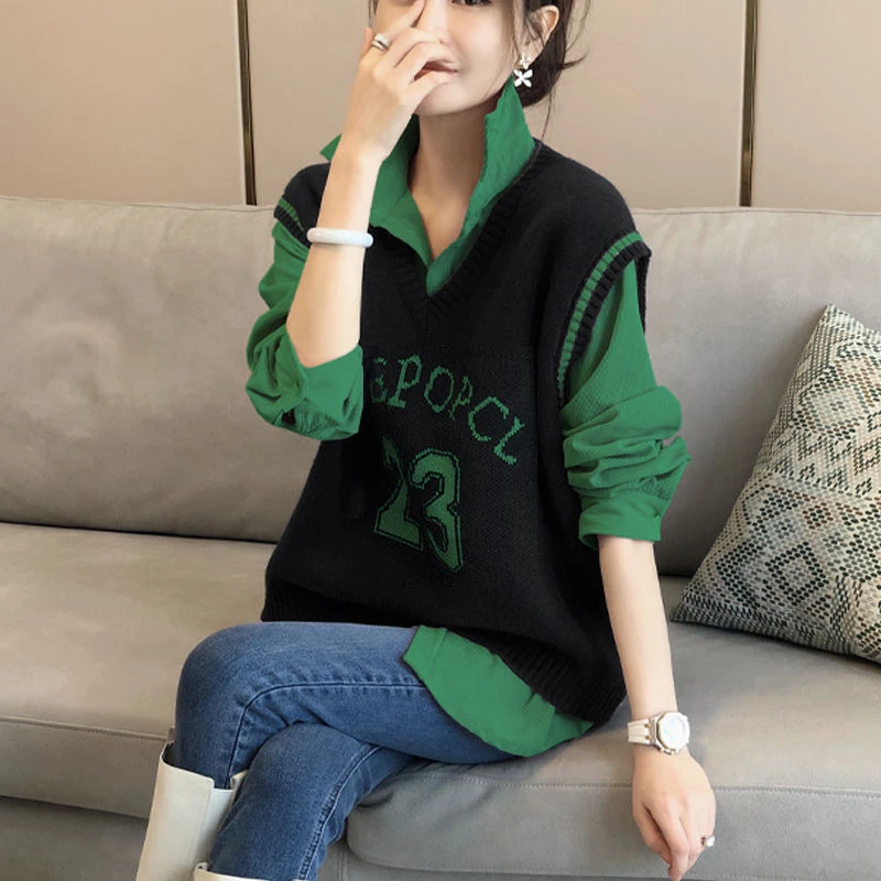 洋气黑色针织马甲衬衫套装女春秋新款时尚毛衣背心马夹上衣两件套