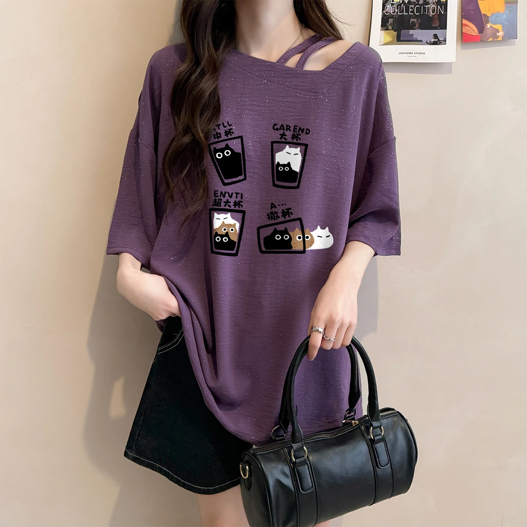 设计感亮闪闪短袖T恤女夏季新款韩版宽松大码显瘦遮臀斜领上衣潮