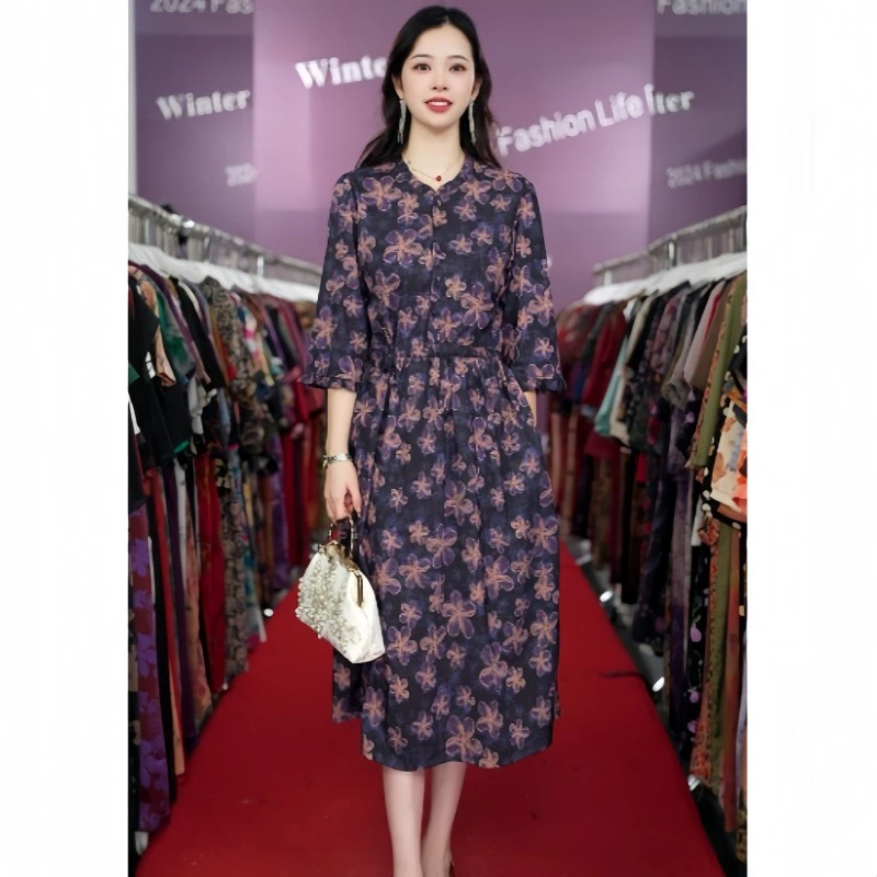 2559  紫色高级感复古印花木耳边领七分袖女装连衣裙