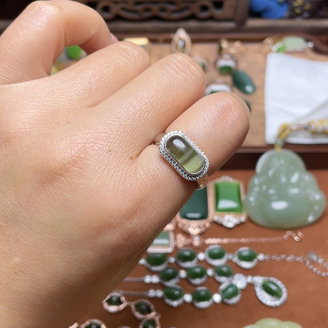和田玉（碧玉）银S925镶嵌吊坠(不含链)戒指