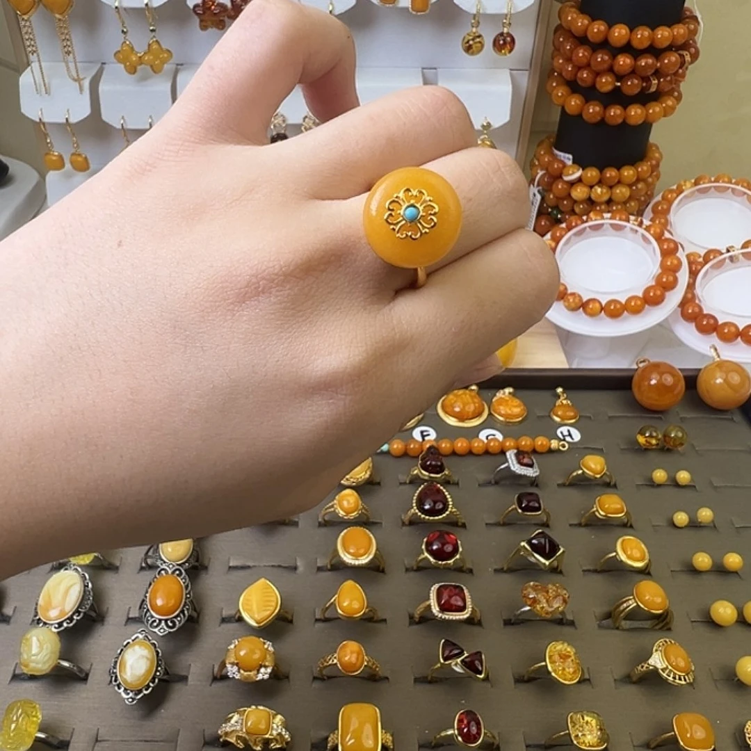 蜜蜡银S925镶嵌戒指精品橘皮老蜡戒指