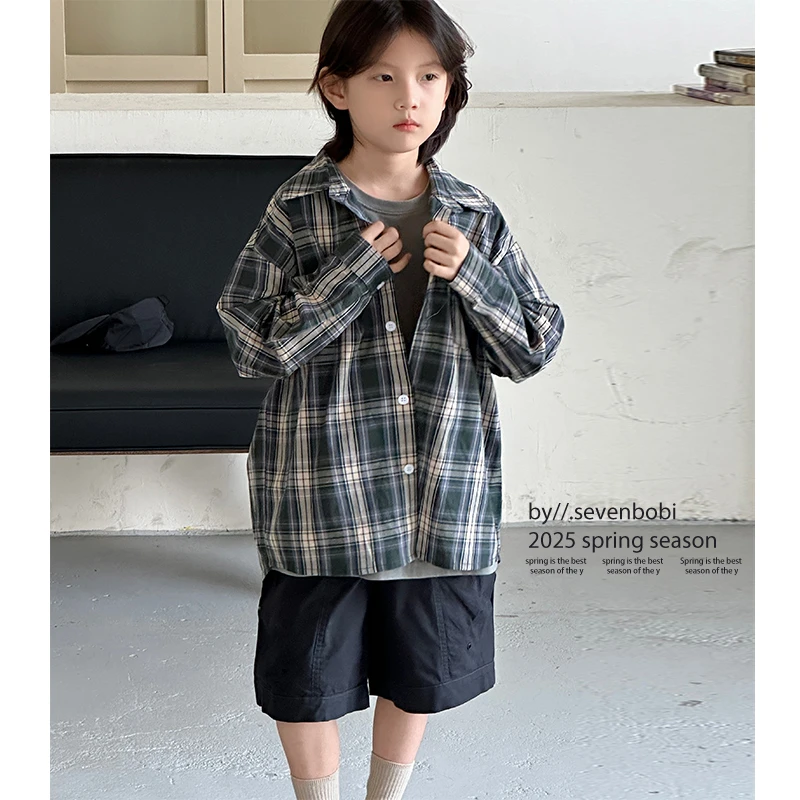 【现货】童装男童衬衫外套2025新款儿童春秋款长袖格子衬衣潮韩版