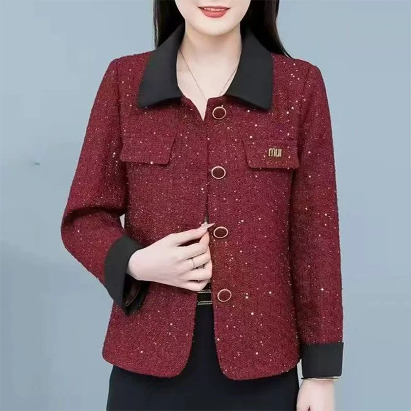 春装新款时尚小香风妈妈装短款洋气减龄翻领百搭女士气质外套