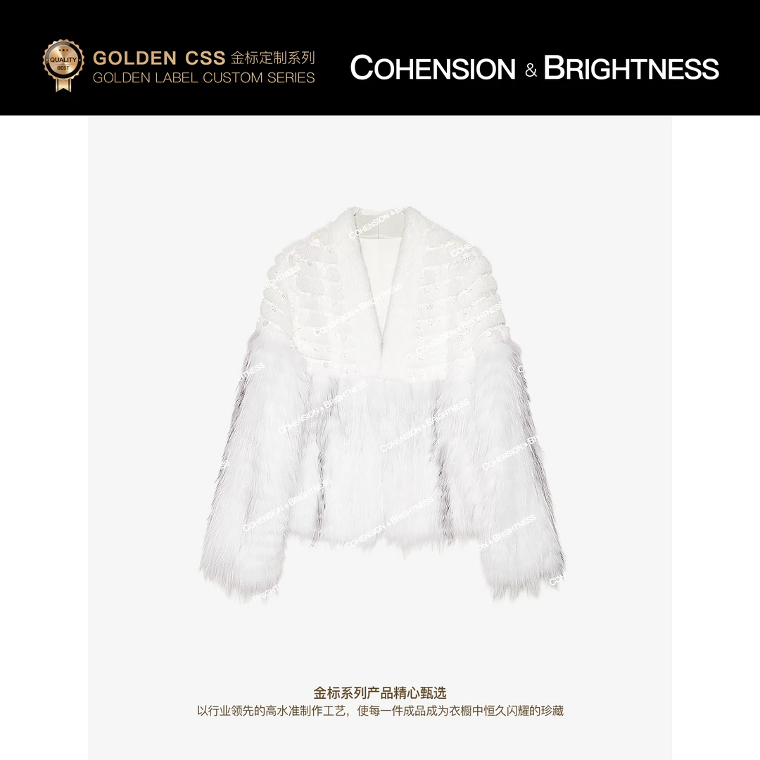 凝慧【银丝飞雪】高奢定制大理石狐水貂拼接贵妇肌理感短外套YA052