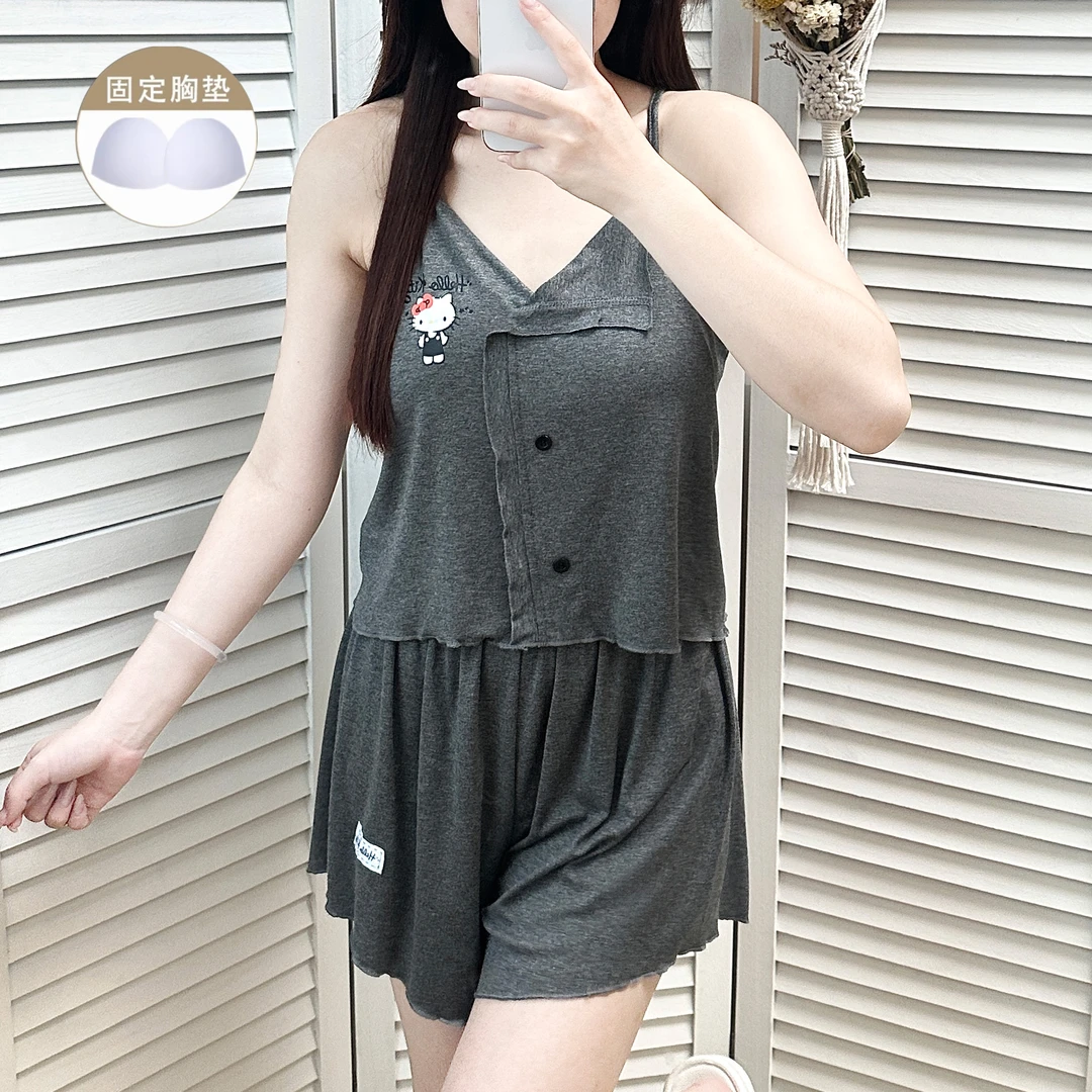 带胸垫莫代尔棉睡衣女款2025新款夏季韩系KT猫吊带两件套装家居服