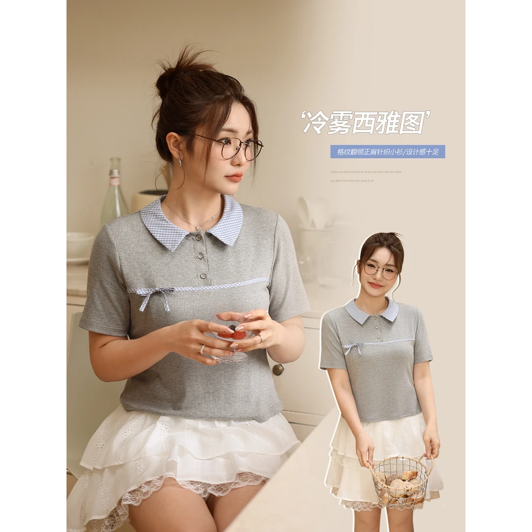 韩版正肩撞色格纹蝴蝶结翻领上衣女胖mm大码宽松显瘦短袖T恤新款