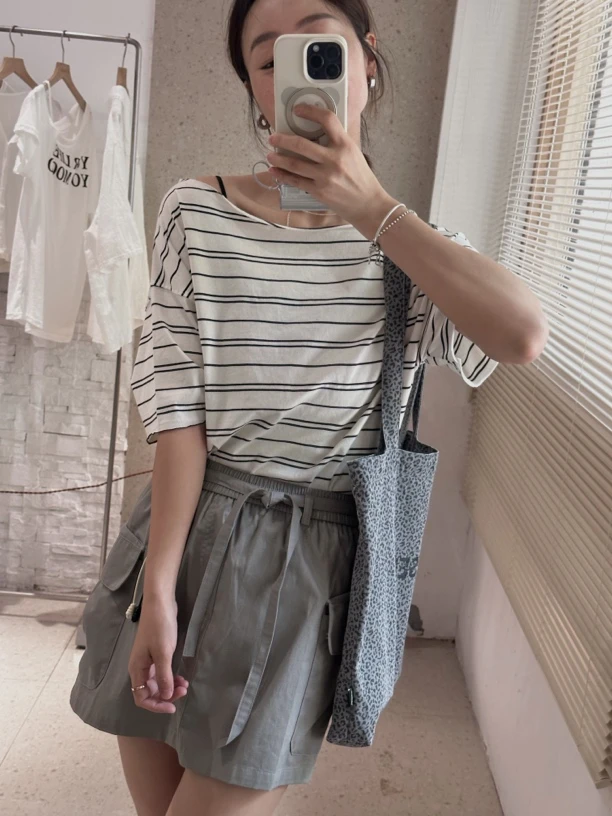 韩国CEDAR可斜肩一字领条纹tee（no退no换）