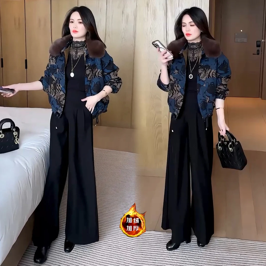 加绒加厚印花短外套女2025冬季新款时髦显瘦大毛领保暖夹克上衣潮