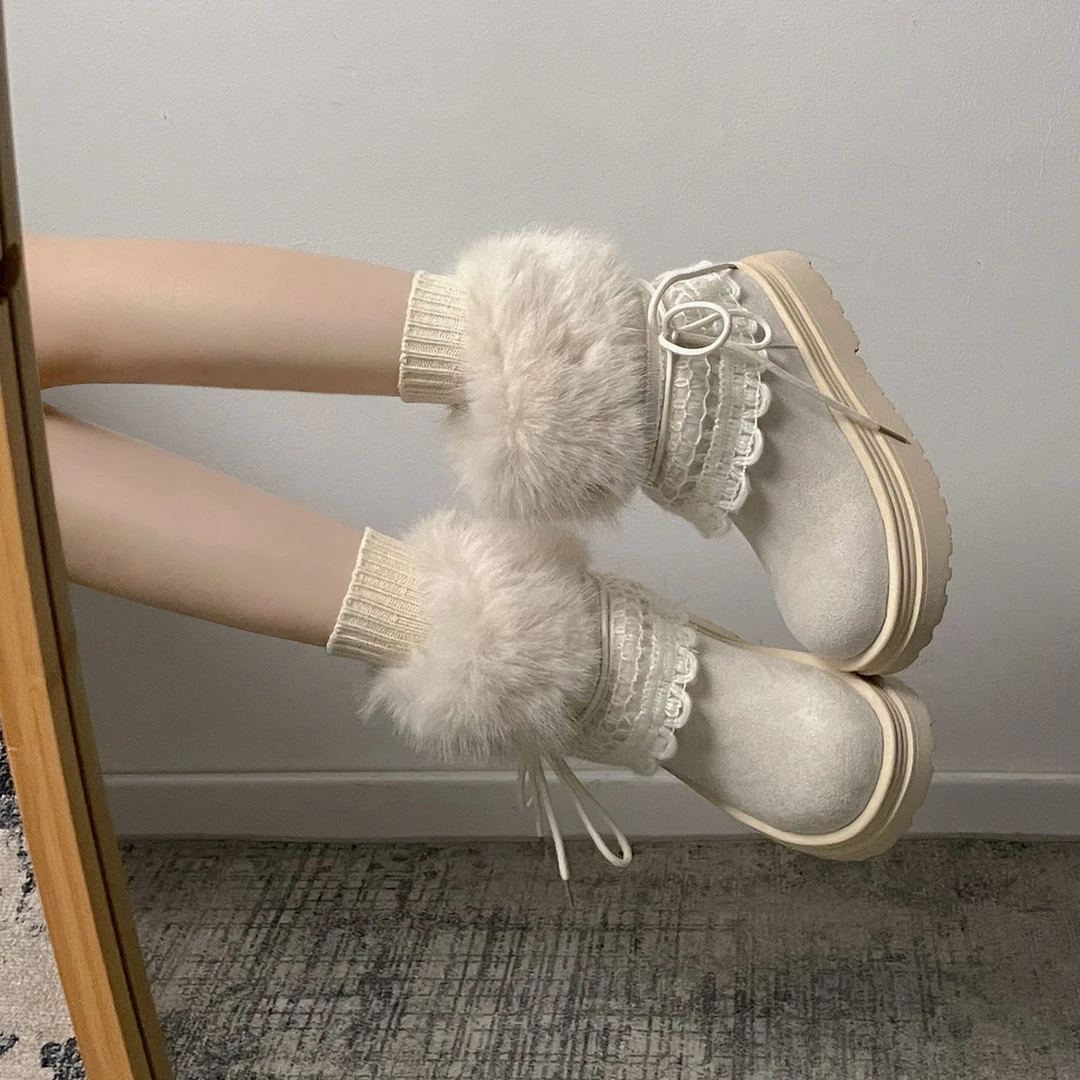 厚底米色雪地靴女款2025新款冬季加绒保暖雪地棉鞋费尔岛毛毛棉靴