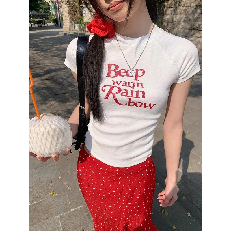 运补6-8】韩系白色t恤女短袖夏季新款正肩修身字母印花潮流上衣