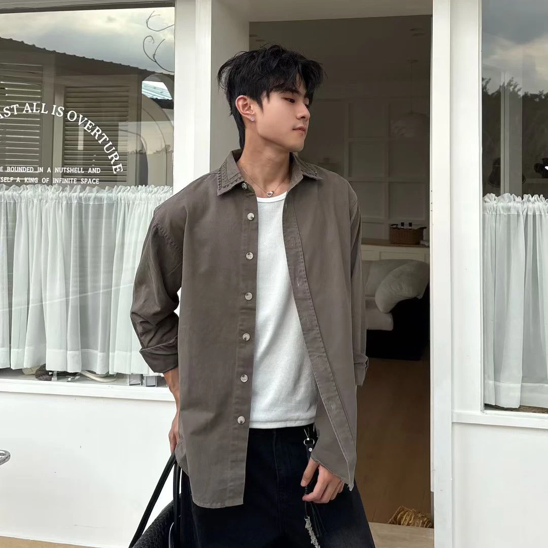 秋季简约翻领长袖衬衫男款时尚衬衣男士宽松百搭休闲通勤上衣