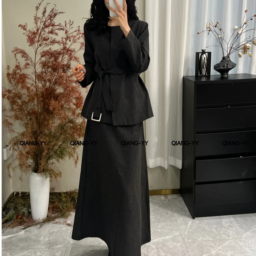 QIANG-YY时尚套装时尚上衣长袖连衣裙半裙早秋黑色高腰法式125