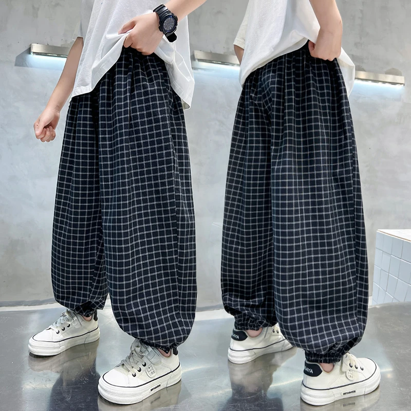 男童裤子夏季薄款格子裤宽松2025中大童休闲韩版运动儿童防蚊裤潮