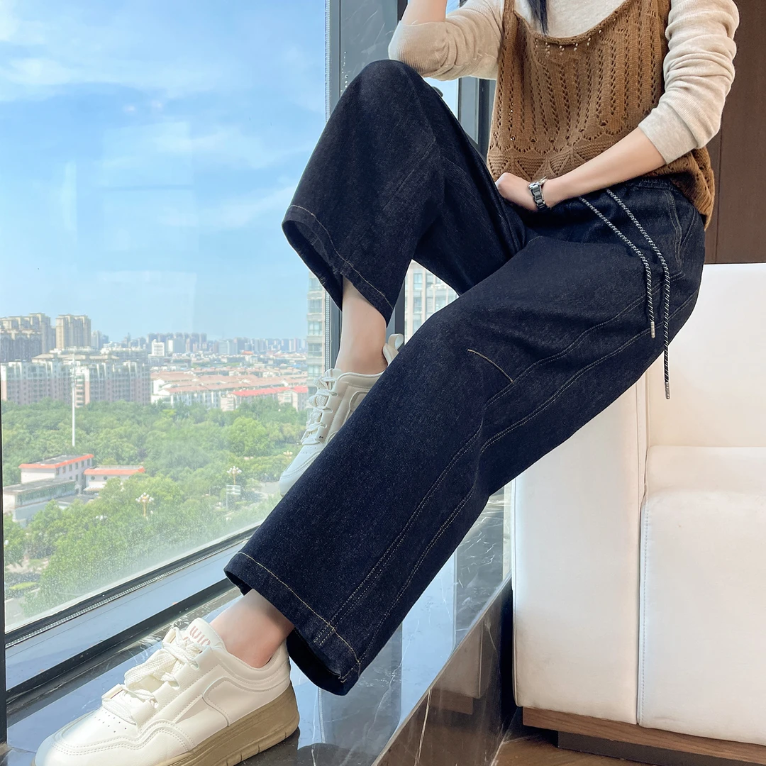 哈伦牛仔裤女春秋2025新款梨型身材粗腿宽胯丹宁蓝原色九分萝卜裤