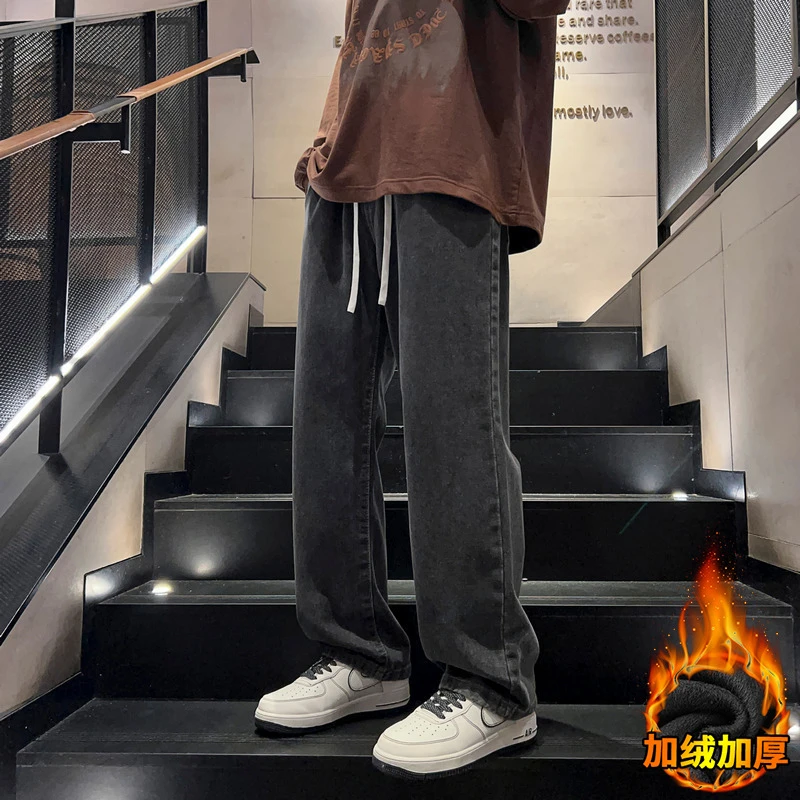 古玛拉加绒牛仔裤男士秋冬款大码裤子男冬季宽松百搭加绒加厚男裤