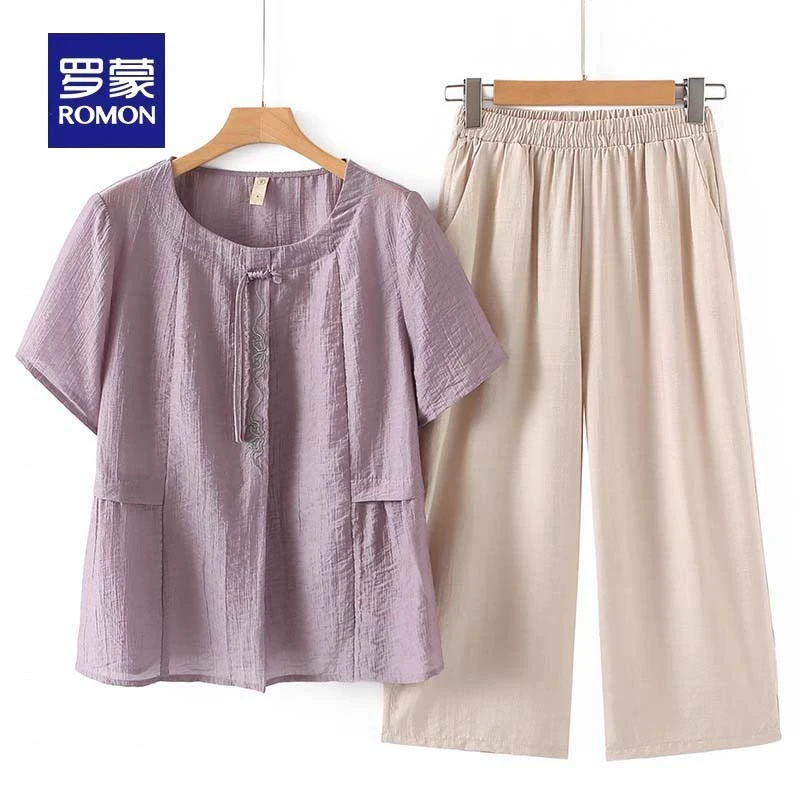 罗蒙新中式妈妈夏装短袖衬衫2025新款中老年女装国风宽松刺绣上衣