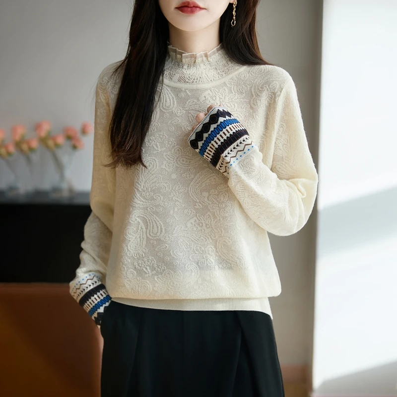 品牌时尚女装秋冬女长袖毛针织衫时尚百搭蕾丝法式风气质打底衫