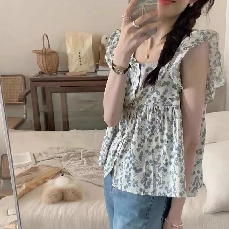 短款夏装短袖露脐新款上衣小衫雪纺泡泡袖飞飞袖2025法式碎花女