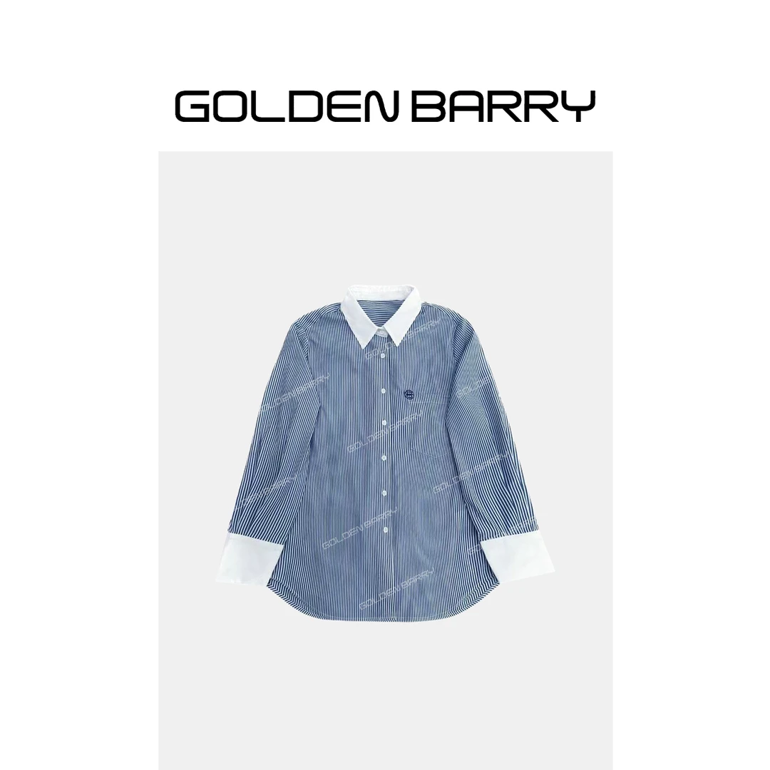 GOLDENBARRY|212506精致百搭撞色时尚休闲蓝色条纹翻领衬衫长袖
