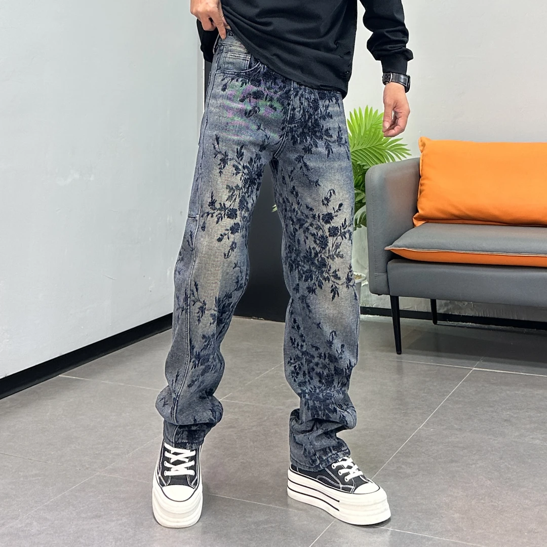 美式复古刺绣提花牛仔裤男冬季加厚新款宽松直筒潮牌个性长裤