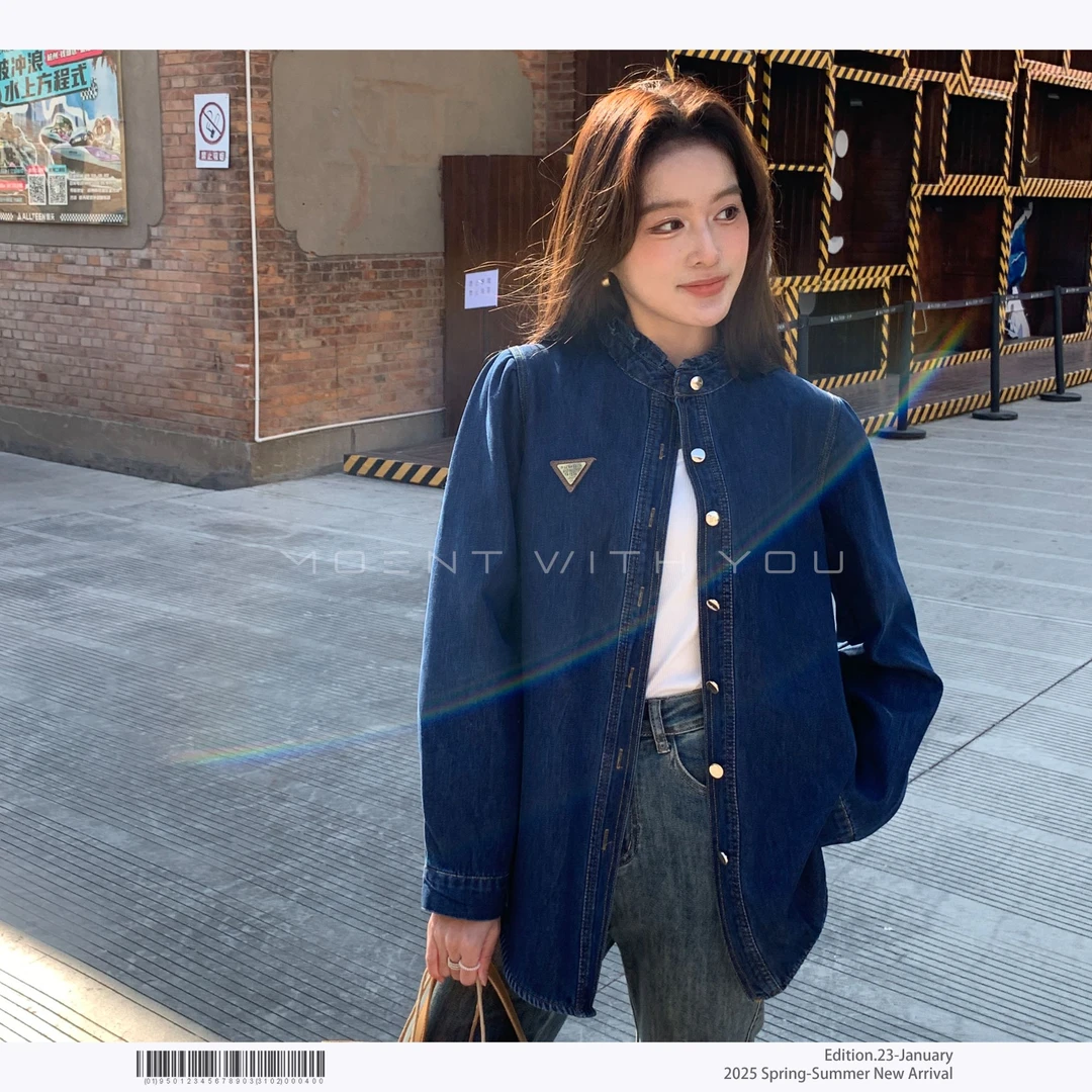 SzBlaZe秋冬赛络纺宽松百搭外套木耳花边领灯笼袖水貂绒牛仔衬衫