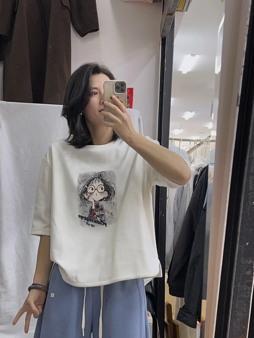 （好事花生）文艺休闲七分袖女圆领卡通印花上衣宽松百搭T恤