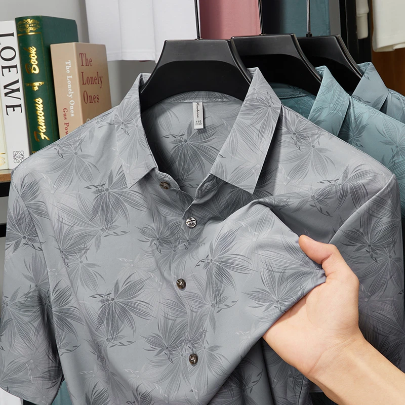 夏季男士短袖衬衫印花时尚中青年潮流半袖衬衣薄款透气速干冰丝