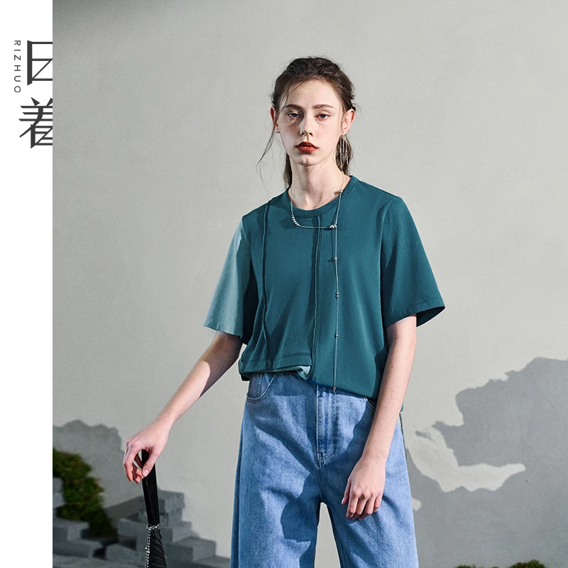 日着侠圆领短袖T恤2025夏季新款撞色拼接宽松慵懒上衣女RD2504T2