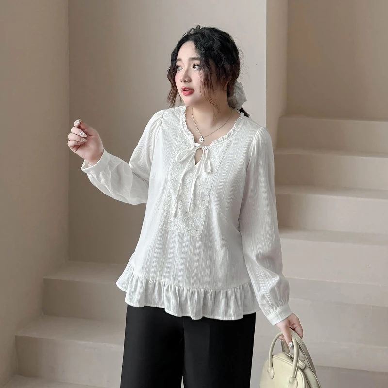 DC7078大码女装【法式小衫】蕾丝花边长袖衬衫早春款200斤显瘦上衣