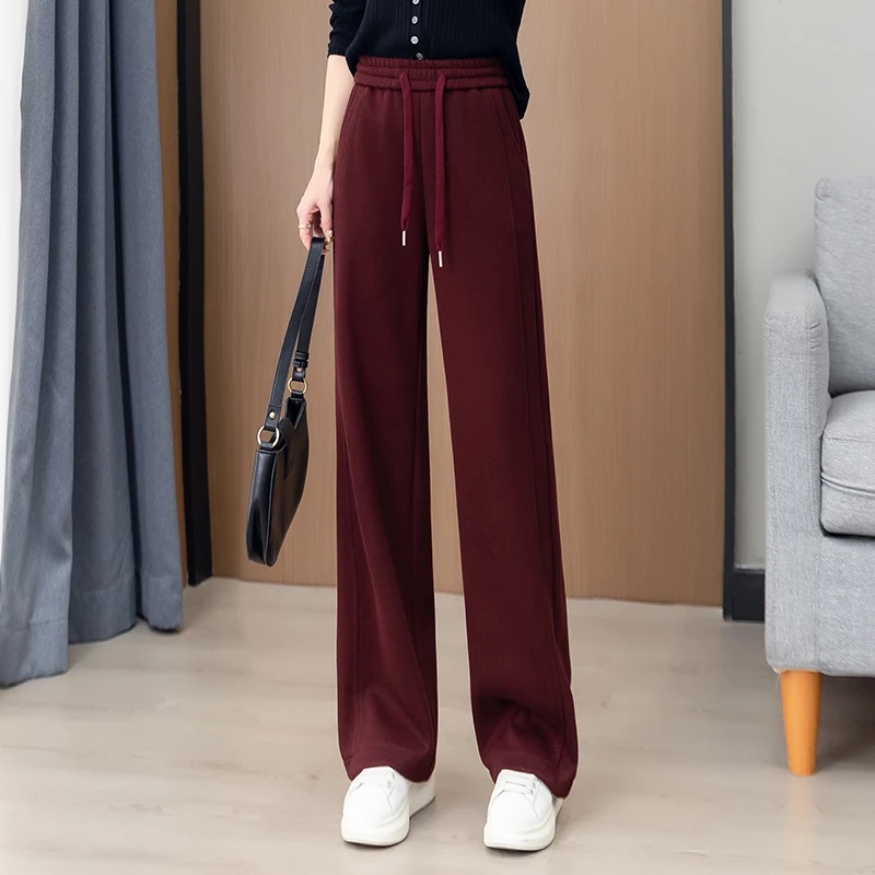 安可拉红保暖阔腿裤女2025秋冬季新款松紧高腰软糯羊毛呢直筒裤子