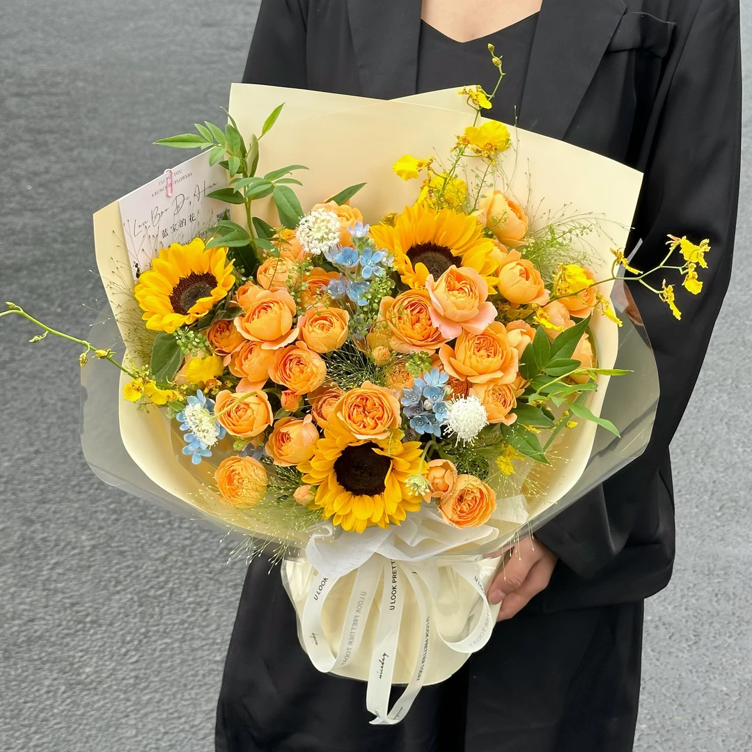 【阳光如你】3朵迷你向日葵果汁阳台跳舞兰蓝星花混搭花束生日鲜花