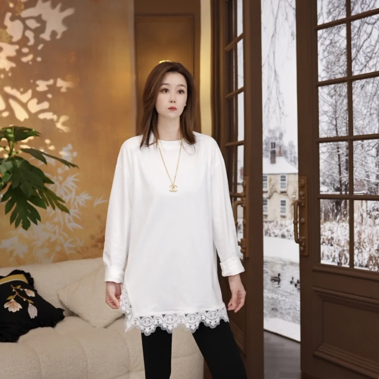 Miss.Z【纯棉蕾丝拼接】T恤韩式百搭中长款白色圆领长袖#90719