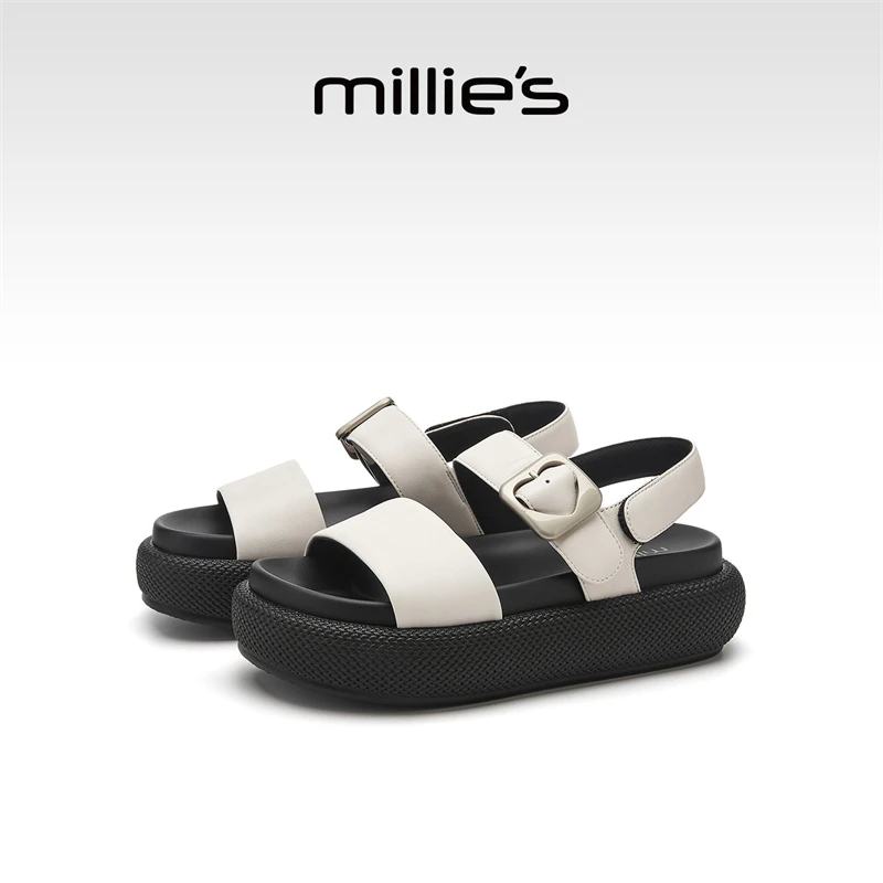 millie's妙丽真皮厚底露趾凉鞋女2025新款夏季爱心扣轻便罗马鞋女