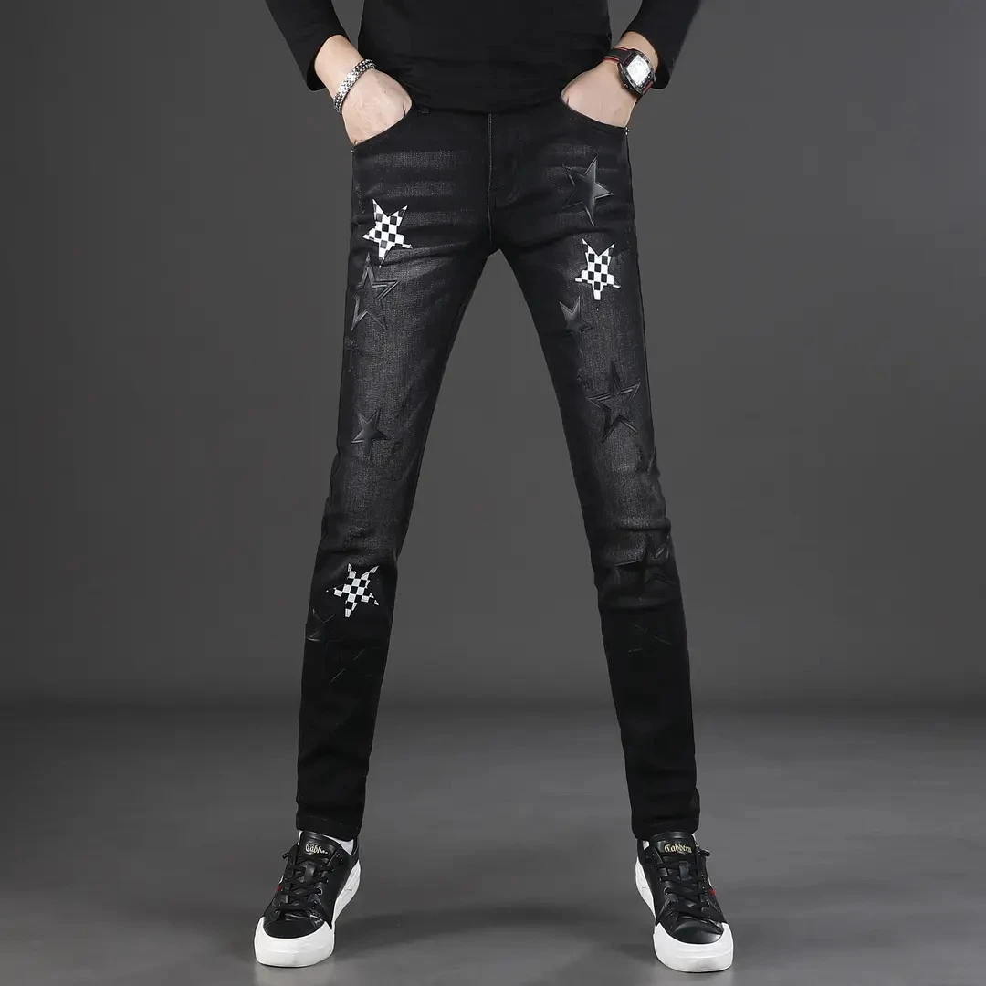 男士黑色牛仔裤男款秋冬款修身小脚爆款2025新款休闲痞帅潮男裤子