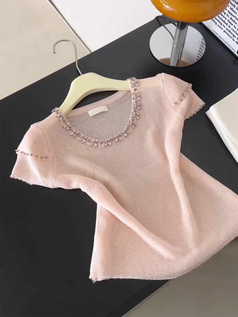 2025年夏季新款重工钉珠绑带短袖T恤小衫女韩系小众修身显瘦上衣
