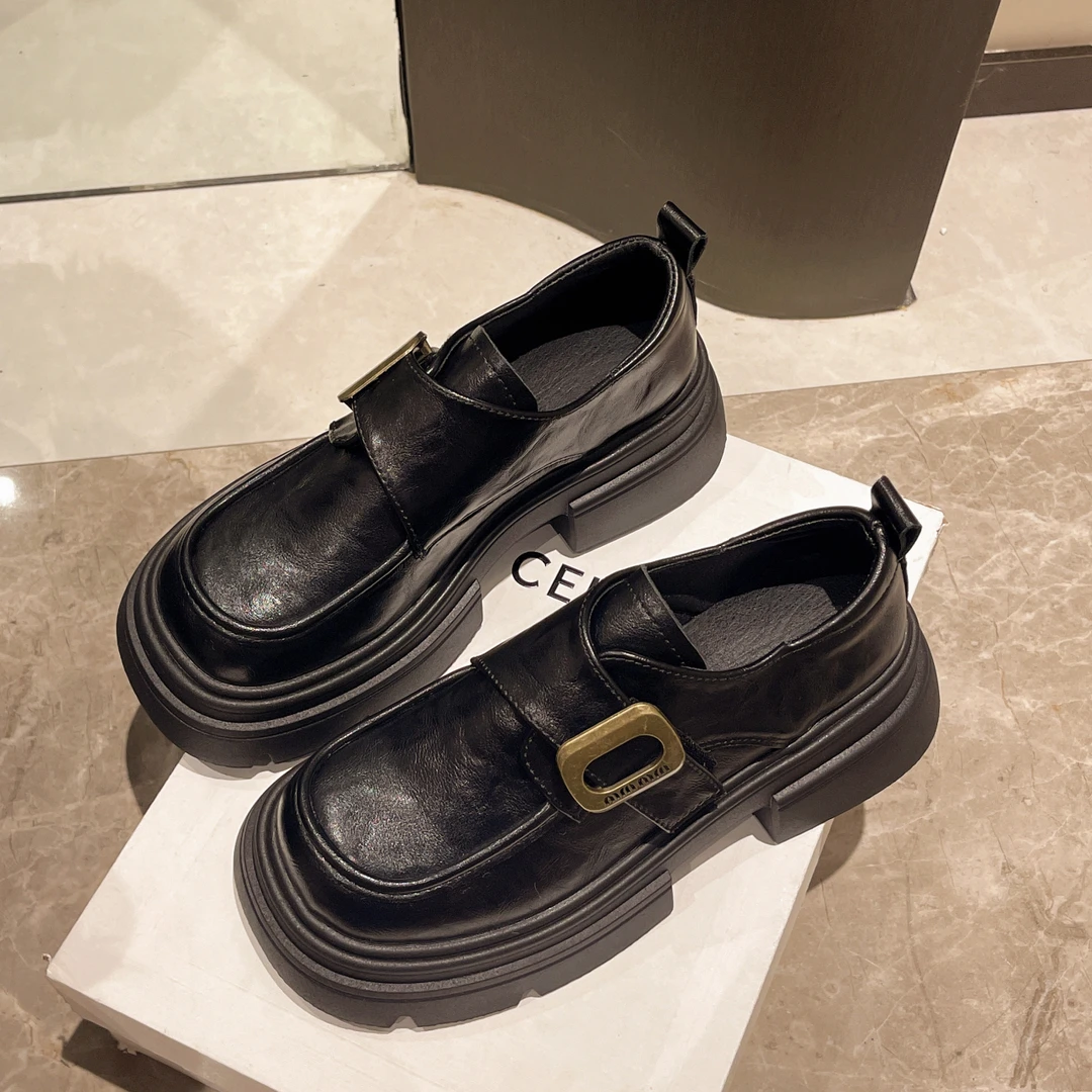 厚底粗跟英伦风小皮鞋女2025春季新款百搭增高女鞋单鞋黑色乐福鞋