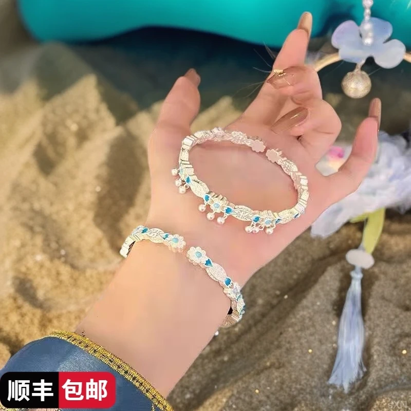 凤蝶蓝盈花银手镯银9999珐琅彩新中式国风实心银镯子女送礼物
