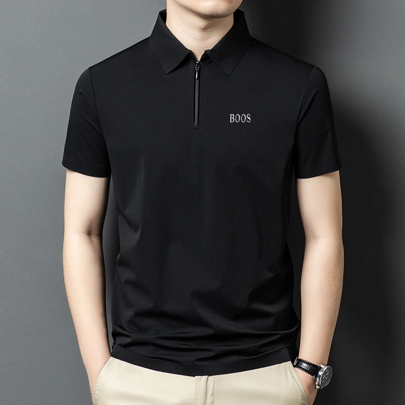 夏季休闲男士翻领半拉链冰丝短袖t恤潮流男装纯色透气半袖polo衫