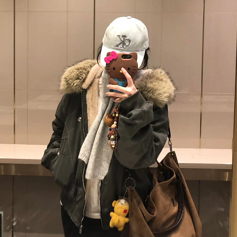 座山雕保暖棉服大毛领加绒宽松棉衣棉袄派克服冬季新款女加厚外套